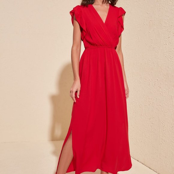 Trendyol Dresses & Skirts - Red V neck Maxi Ruffle Shoulder Sleevless Dress